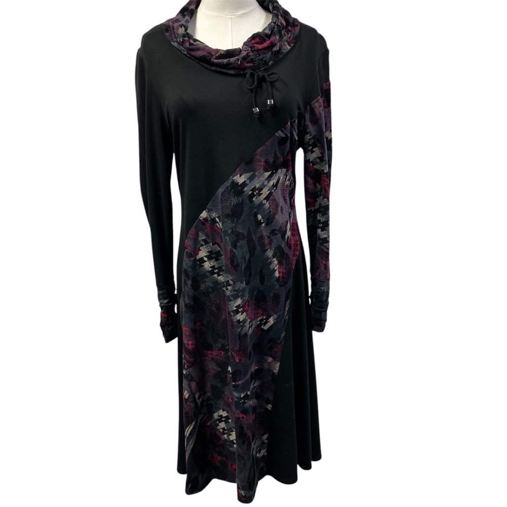 Simon Chang Mixed Knit Floral Cowl Neck Long Sleeve‎ Dress Black Pink Womens 6